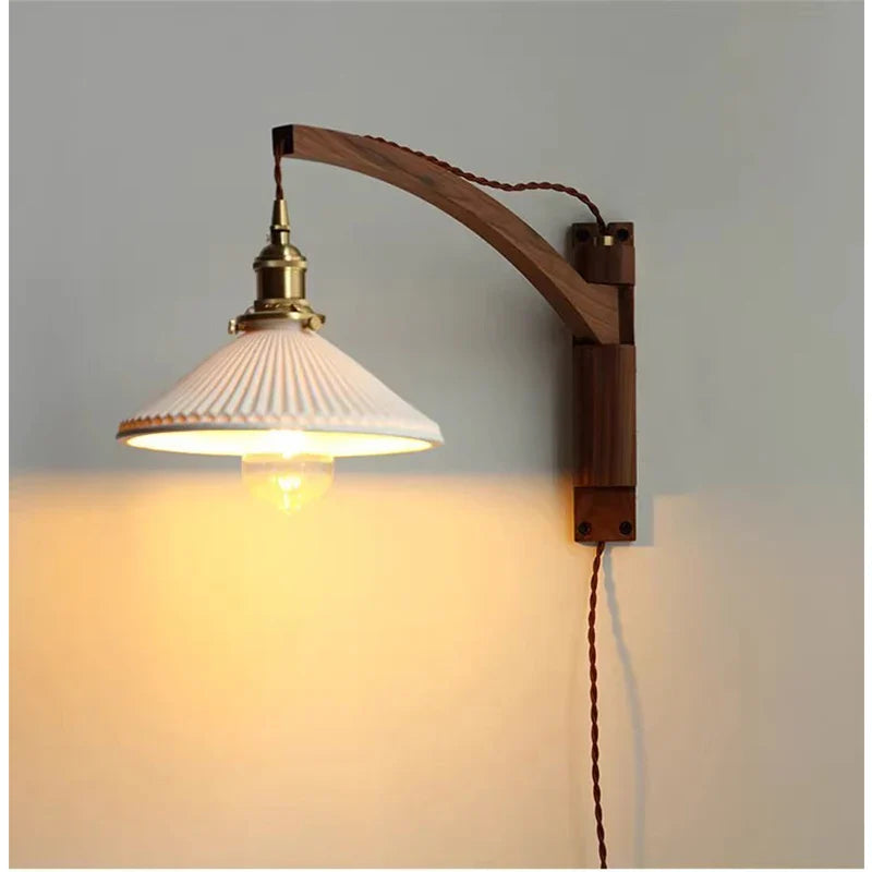 Afralia™ Walnut Wood Wall Lamp | Japanese Brass Ceramic Bedroom Bedside Fixture