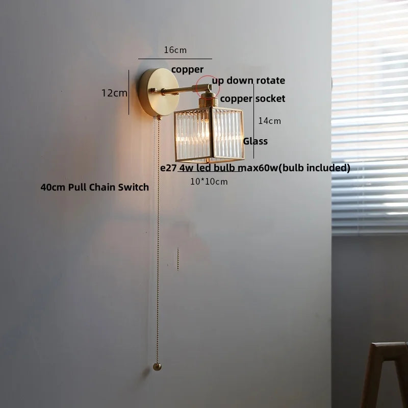 Afralia™ Glass LED Wall Sconce Pull Chain Switch Modern Bathroom Light