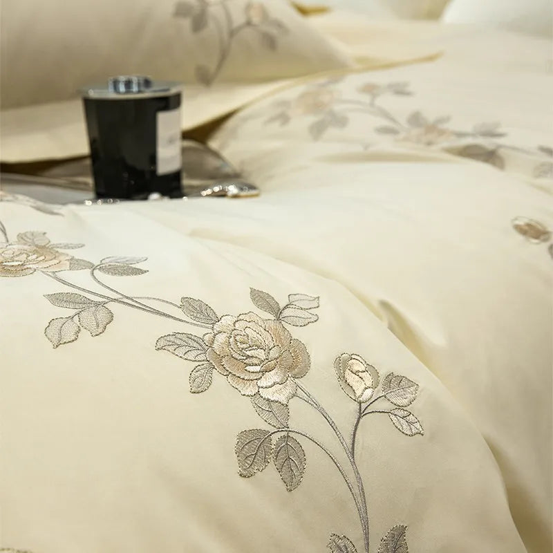 Afralia™ Rose Flowers Embroidery Luxury Egyptian Cotton Bedding Set