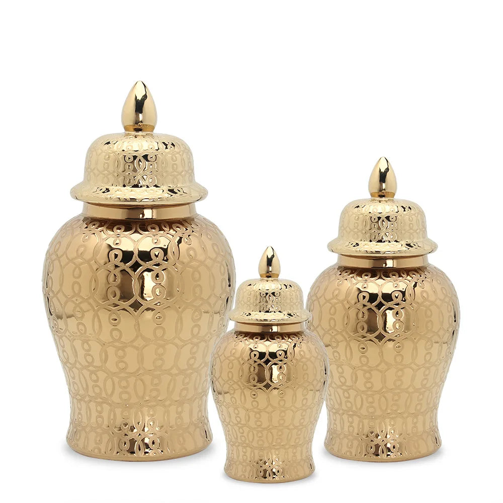 Afralia™ Golden Pattern Porcelain Ginger Jar Vase with Lid for Home Decor