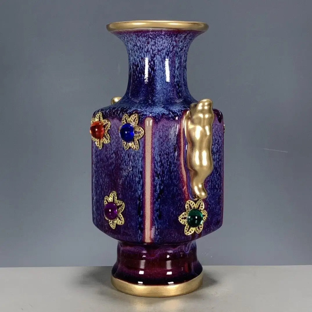 Afralia™ Jun Porcelain Gilded Gemstone Inlaid Vase - Chinese Living Room Ornaments
