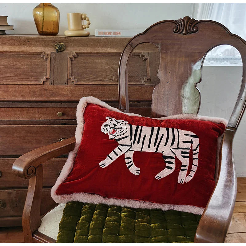 Afralia™ Furry Tiger Embroidery Velvet Cushion Cover 40x55cm: Retro Charm Luxury Home Decor