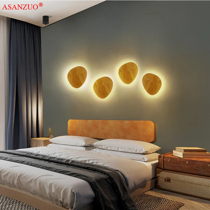 Afralia™ Wooden LED Wall Lamp Craft Oval Round Shape Light Decorative Wall-mounted Lighting