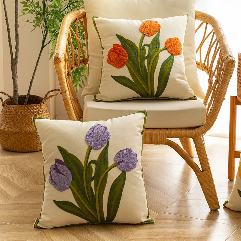 Afralia™ Embroidered Tulip Spring Throw Pillow Covers Set of 4 - 18x18 inches