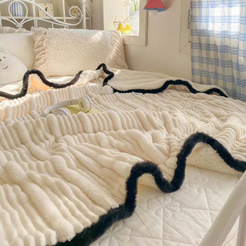 Afralia™ Ribbed Flannel Lamb Fleece Blanket for Warmth & Coziness