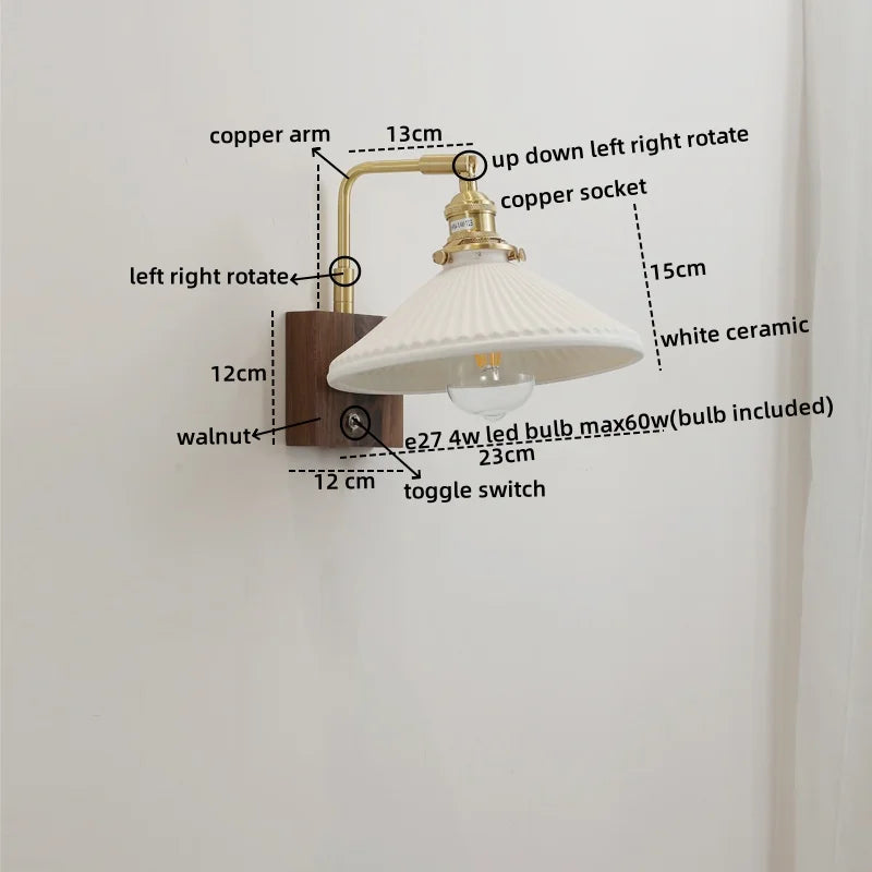 Afralia™ Walnut Ceramic LED Wall Lamp Pull Chain Switch - Modern Bathroom Mirror Light