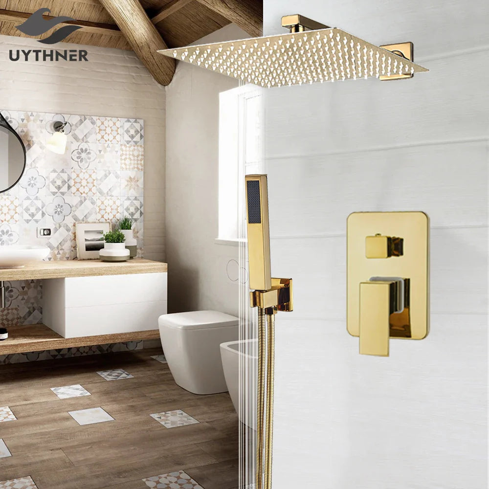 Afralia™ Gold Rain Shower Faucet Wall Mounted Bathtub Mixer Tap Set