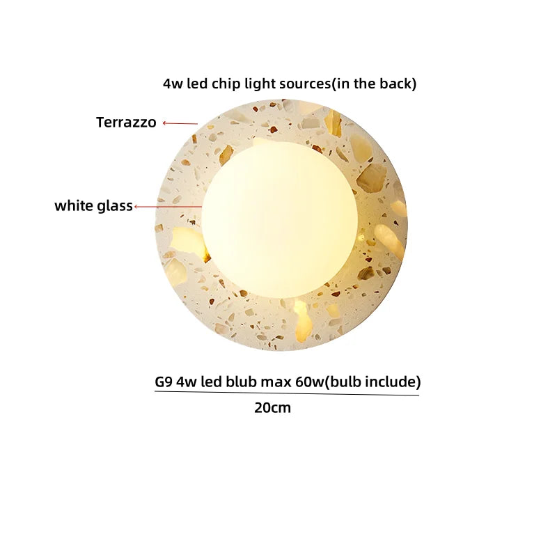 Afralia™ Terrazzo Stone Glass LED Wall Light Fixture with Pull Chain Switch