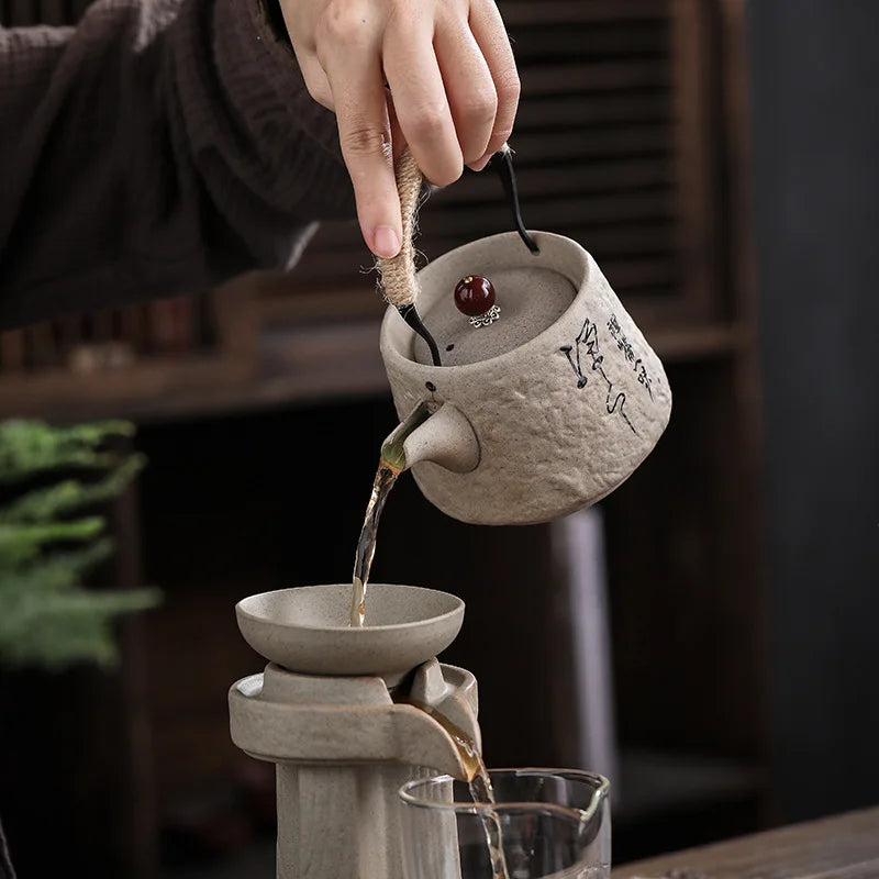 Afralia™ Retro Japanese Kungfu Teapot Ceramic Tea Set Clay Puer Tea Pot and Cup