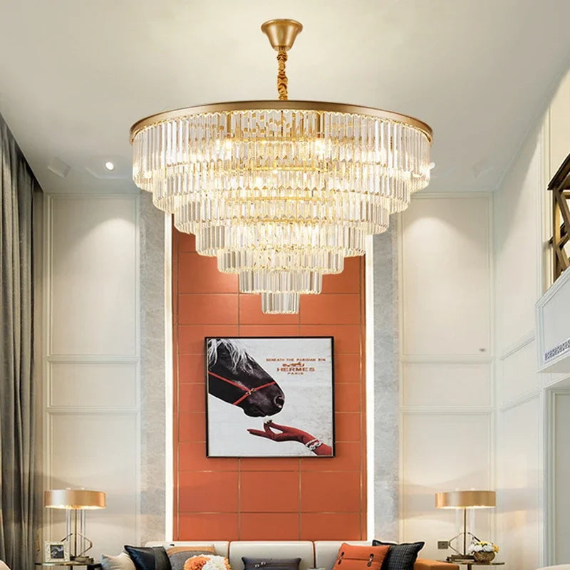 Afralia™ Crystal Gold Black LED Chandelier - Multi-Storey Modern Round Pendant Lamp