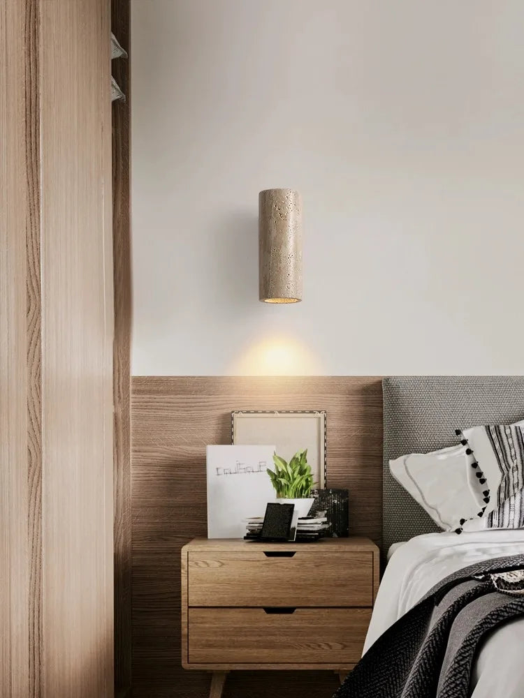 Afralia™ Yellow Travertine Wall Lamp for Bedroom, Vintage Design with Wood Details