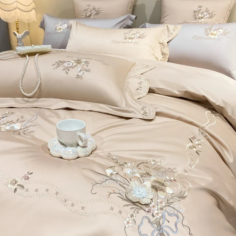 Afralia™ Flowers Embroidery Bedding Set: Duvet Cover, Bed Sheet, Pillowcases, Grey Champagne Luxury