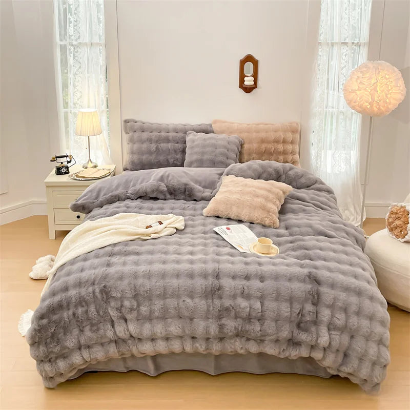 Afralia™ Velvet Fleece Princess Bedding Set in Pink Purple Grey Gradient, Luxury Duvet Cover & Faux Rabbit Fur