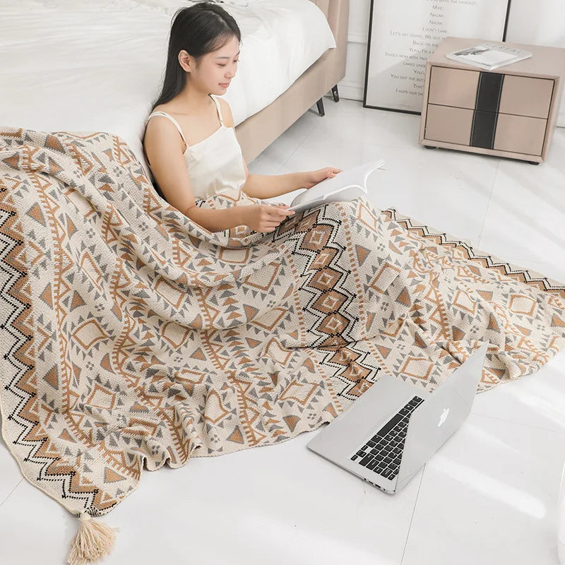 Afralia™ Bohemian Knitted Oat White Tassel Blanket - Home Office Air Conditioning Nap Decor
