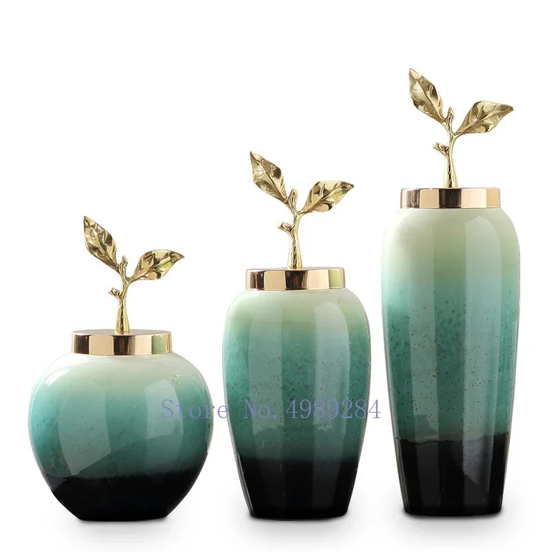 Afralia™ Gradient Ceramic Vase with Golden Leaves Cover for Modern Home Decor and Weddings