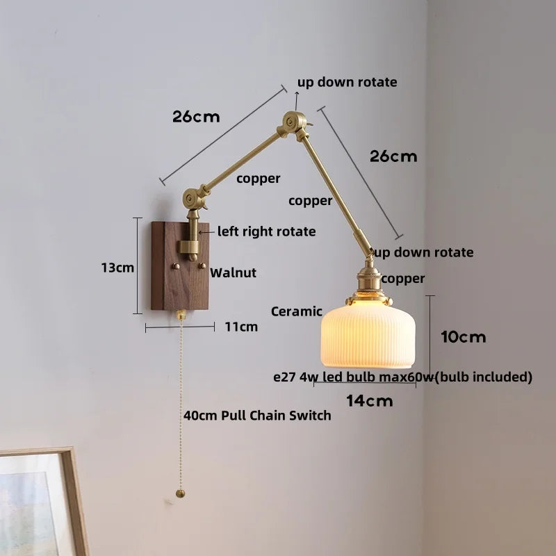 Afralia™ Wood LED Wall Sconce Pull Chain Switch Rotatable 2 Arms Stair Light