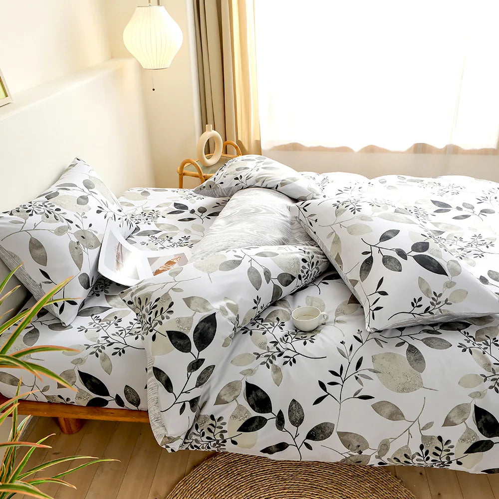 Afralia™ Flower Printed Bedding Set: Fitted Sheet, Quilt Cover, 2 Pillowcases - Twin, Full, Queen, King