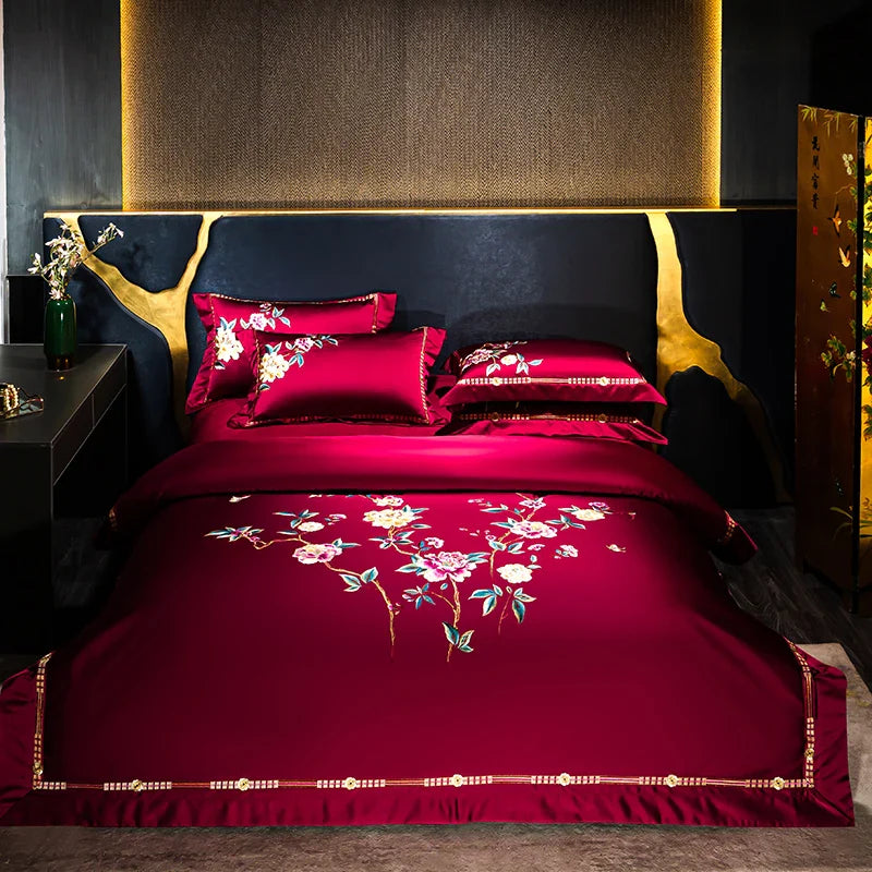 Afralia™ Peony Embroidery Luxury 1200TC Egyptian Cotton Bedding Set