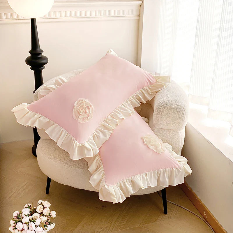 Afralia™ Pink Stereoscopic Bedding Set: Handwork Flowers Embroidery, Ruffle, Korean Style