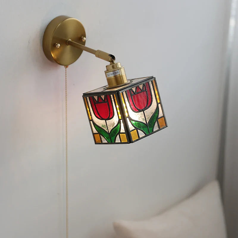 Afralia™ Colorful Square Glass LED Wall Lights with Pull Chain Switch, Tiffany Style