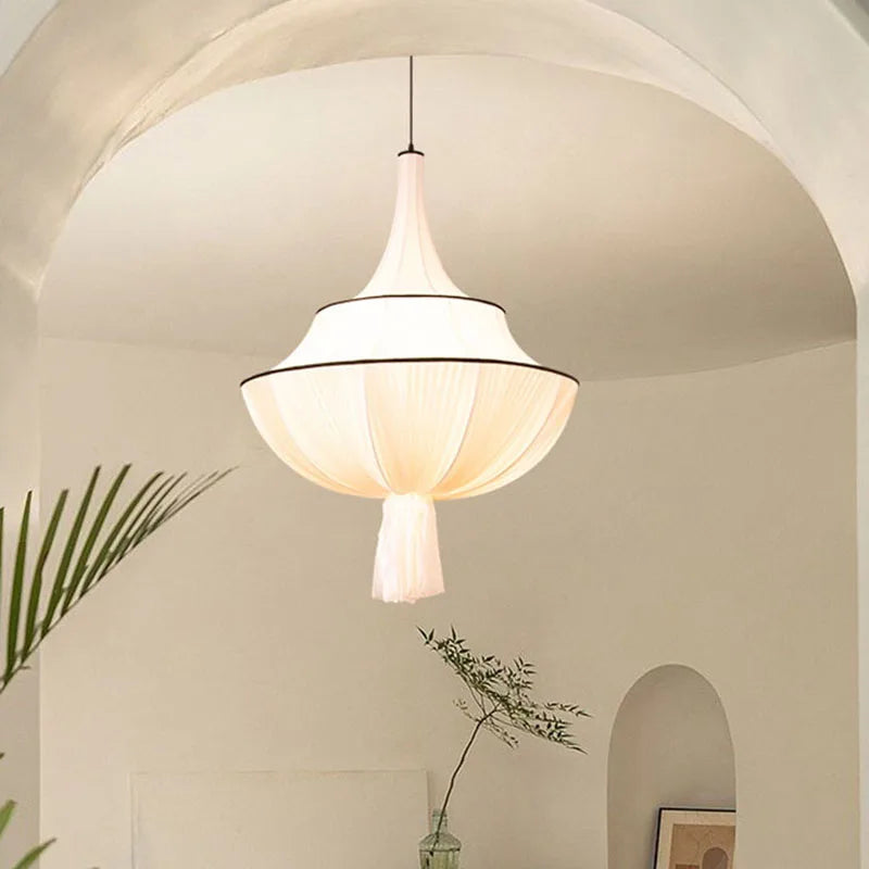 Afralia™ White Fabric Chandelier - Nordic LED Hanging Light for Living Room, Bedroom & Hotel