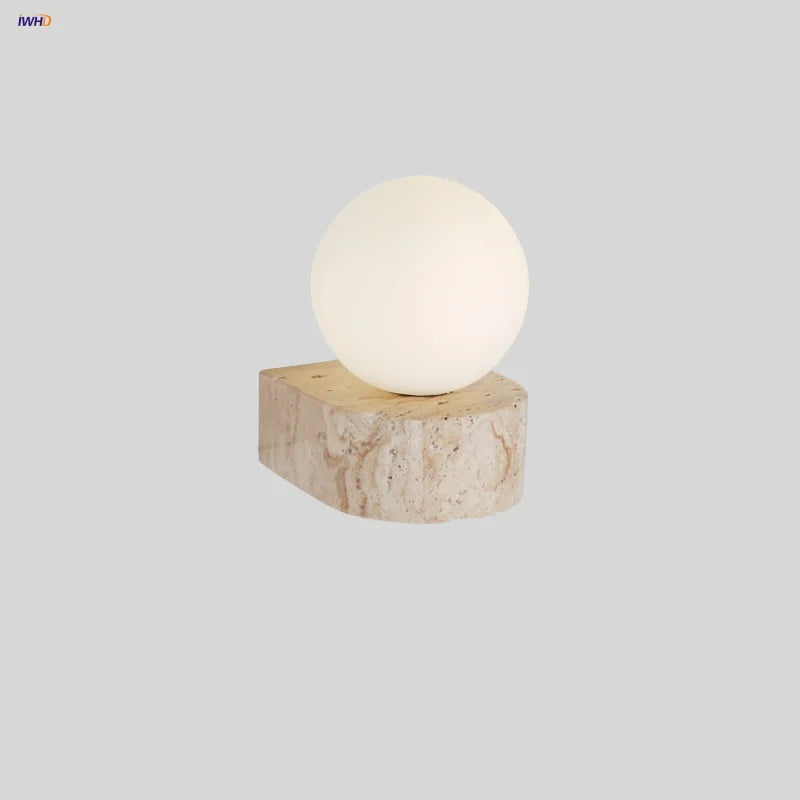 Afralia™ White Glass Globe LED Wall Sconce Lamp, Yellow Stone Base, Japanese Style