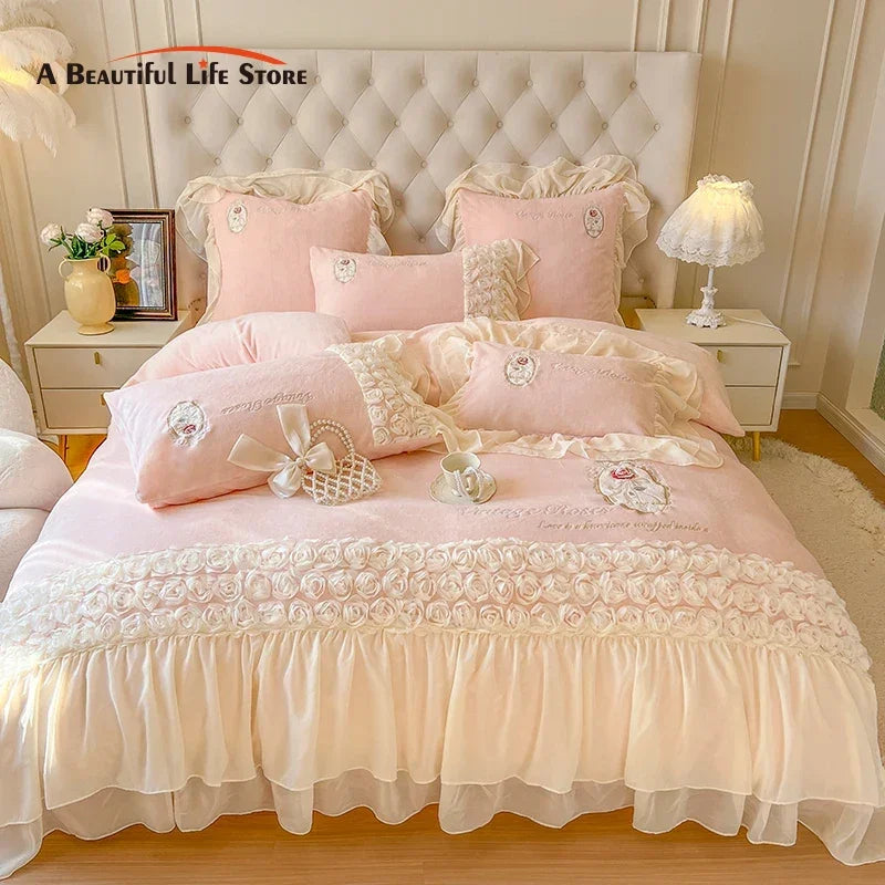 Afralia™ Pink French Rose Velvet Bedding Set with Lace Ruffles & Flowers Embroidery
