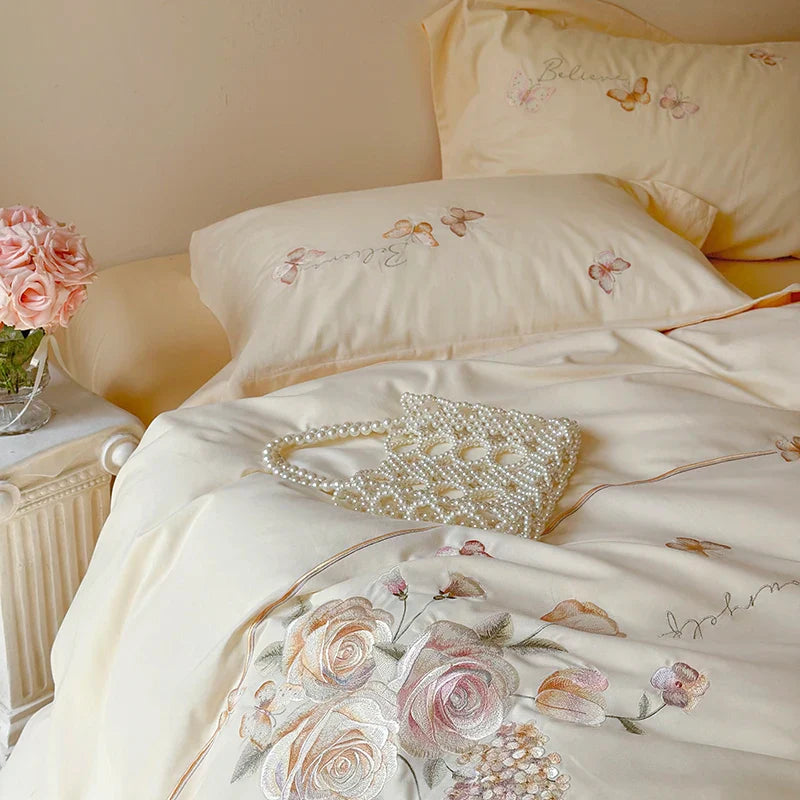 Afralia™ Rose Flowers Embroidery Cotton Bedding Set - Single Queen King Size