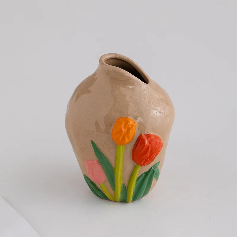 Afralia™ Ceramic Tulip Vase: Handmade Vintage 3D Flower Arrangement Home Decor