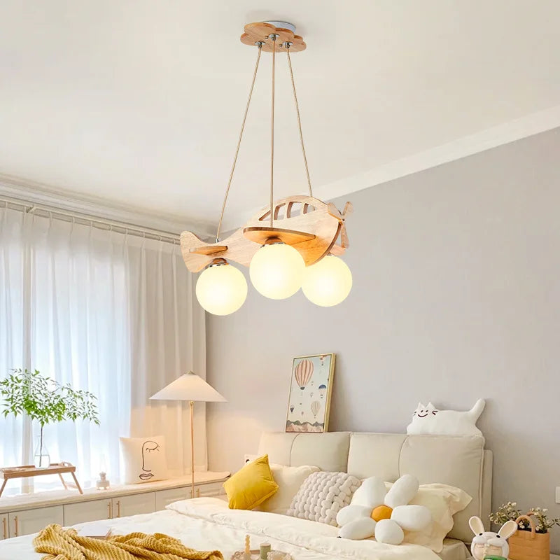 Afralia™ Kids Wood Airplane Chandelier LED Suspension Light for Boy's Bedroom