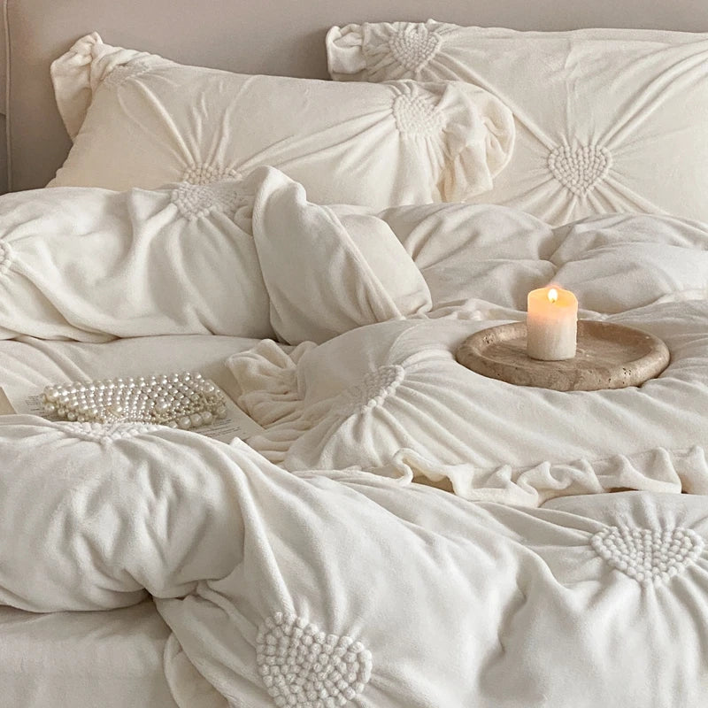 Afralia™ Velvet Ruffles Winter Bedding Set: Plush & Warm Heart Twisted Flowers Theme