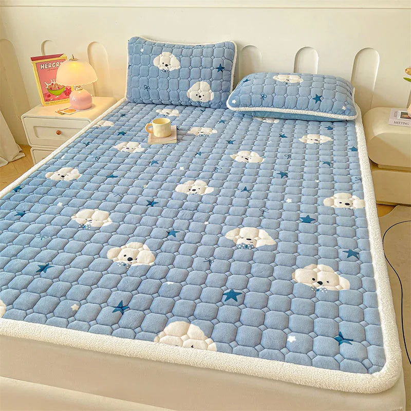 Afralia™ Milk Velvet Printed Mattress Topper: Thick Warm Cartoon Cushion for All Seasons