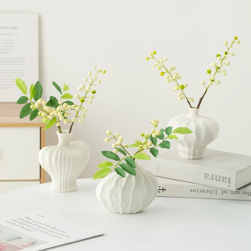 Afralia™ White Ceramic Irregular Fold Calabash Vase - Room Decoration Floral Arrangement Pot