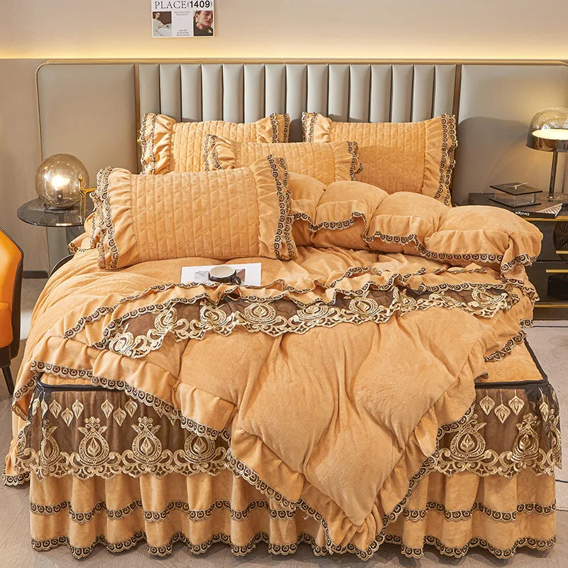 Afralia™ Velvet Bedding Set with Gold Lace Ruffles, Removable Bed Skirt & Pillowcase