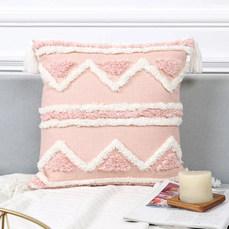 Afralia™ Boho Pink Geometric Tufted Tassel Pillow Covers 30x100cm - Decorative Double Pillows