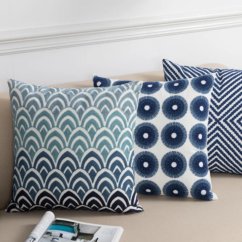 Afralia™ Coastal Chic Blue Geometric Cushion Cover 45x45cm Soft Cotton Breathable Zipper