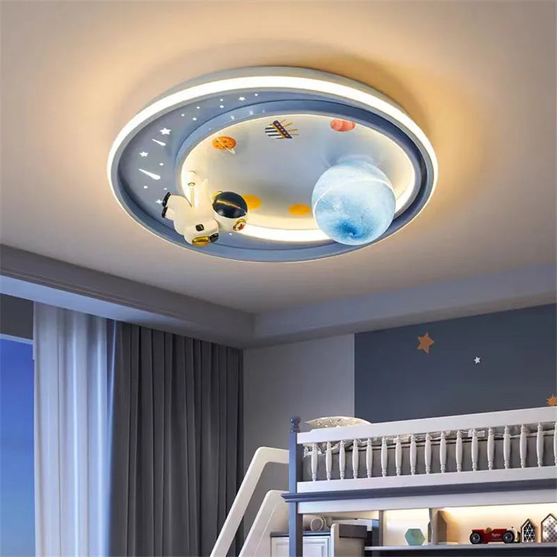 Afralia™ Kids Moon Astronaut LED Ceiling Light for Eye Care in Blue Pink Carton Theme