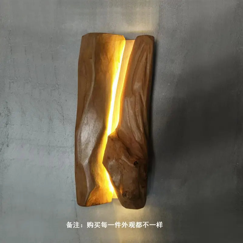 Afralia™ Wood Art Log Wall Lamp | New Chinese Solid Wood Bedside Lighting