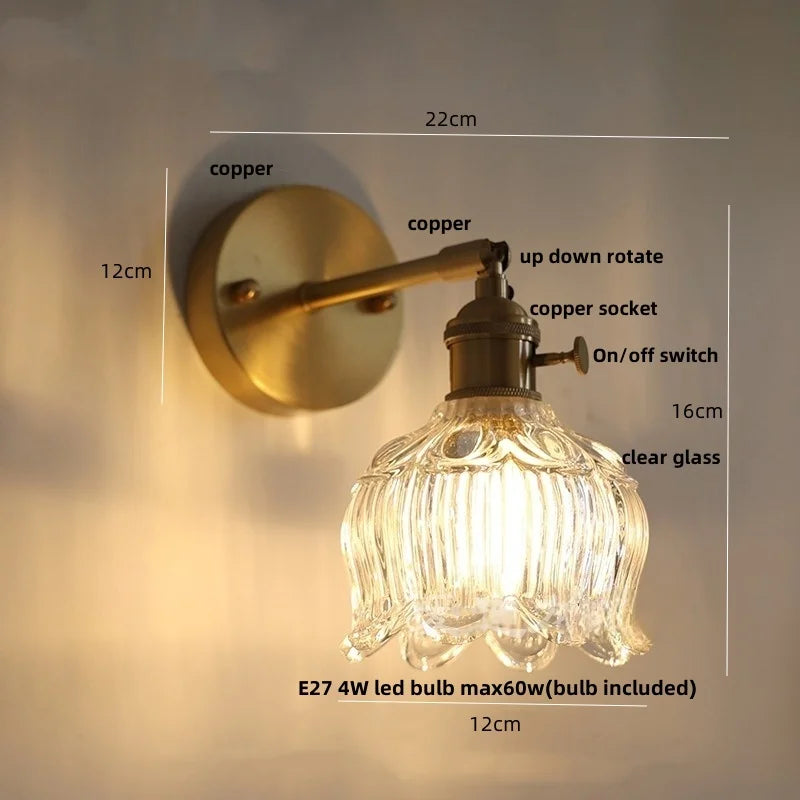 Afralia™ Copper Pull Chain LED Wall Light with Clear Glass Rotate Bedside Lamp