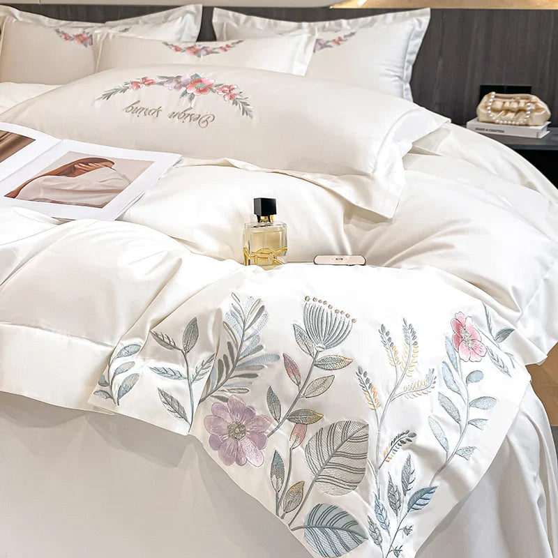 Afralia™ Luxury Flowers Embroidery Bedding Set: Duvet Cover, Sheet, Pillowcases
