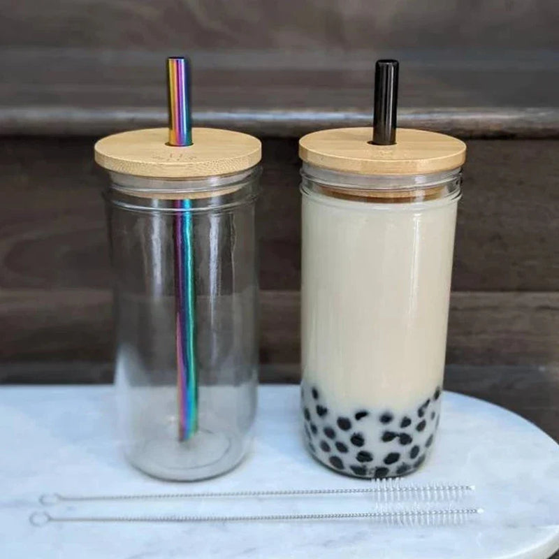 Afralia™ Glass Boba Smoothie Cup with Bamboo Lid & Stainless Steel Straw