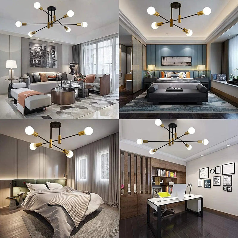 Afralia™ Industrial Sputnik Chandelier Semi Flush Ceiling Light for Kitchen Dining Bedroom