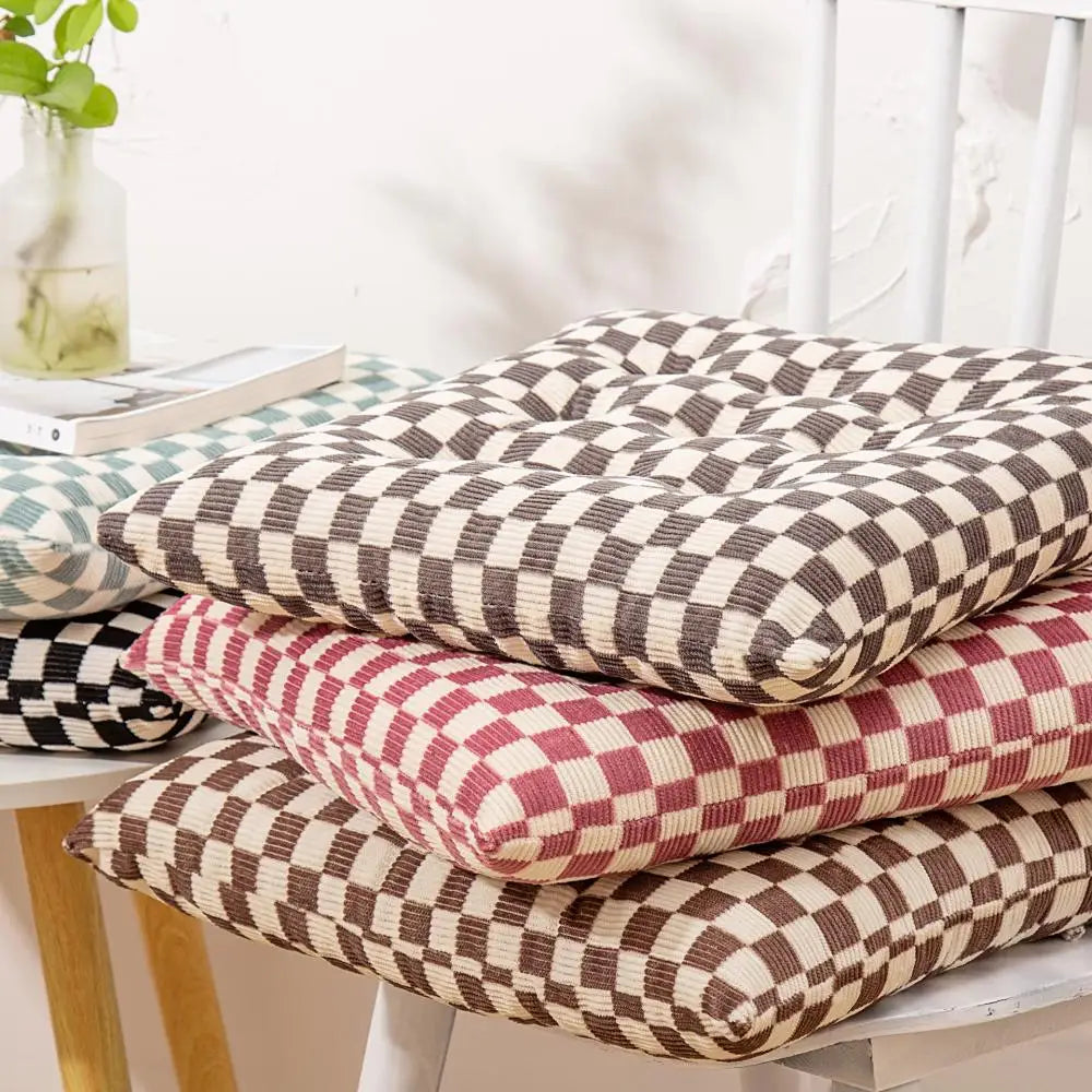 Afralia™ Checkered Corduroy Seat Cushion, Winter Thick Dining Chair with Strap