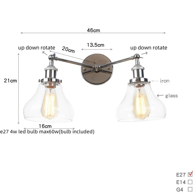 Afralia™ Retro LED Wall Light with Pull Chain Switch, 2 Heads Sconce for Living Room