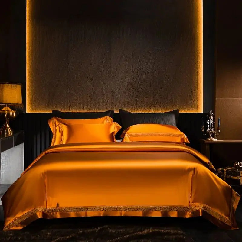 Afralia™ Luxe Silk Cotton Hollow Wide Edge Bedding Set: Duvet Cover, Flat/Fitted Sheet, Pillowcases