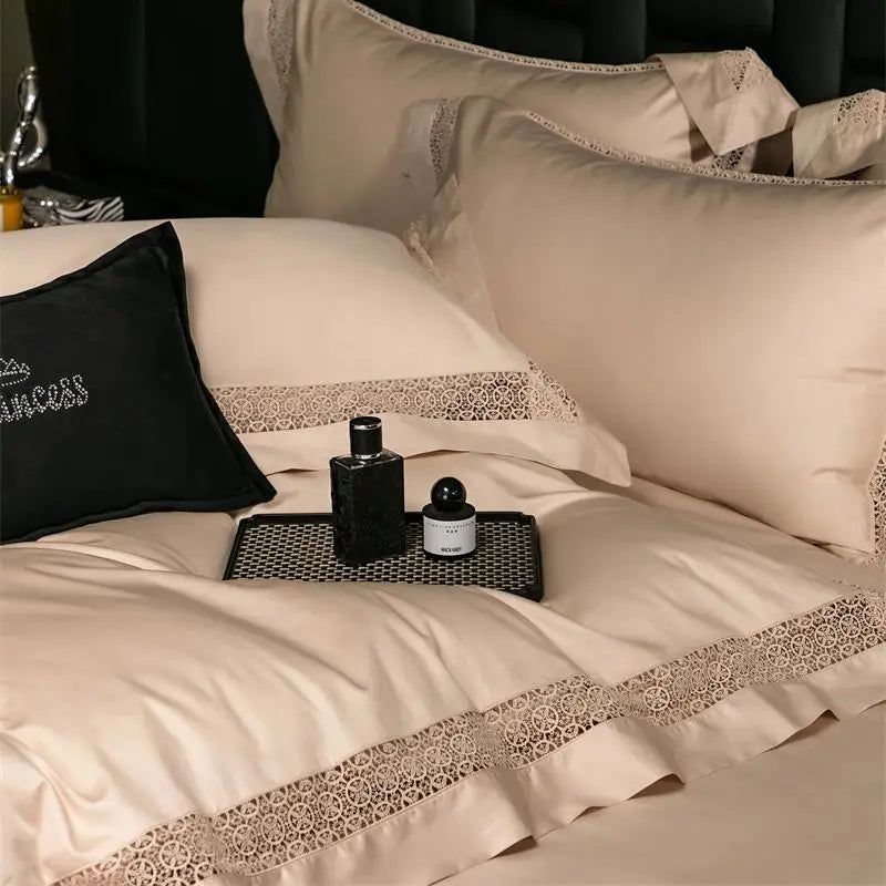 Afralia™ Luxury Lace Edge Bedding Set: Queen King Duvet Cover, Bed Sheet, Pillowcase