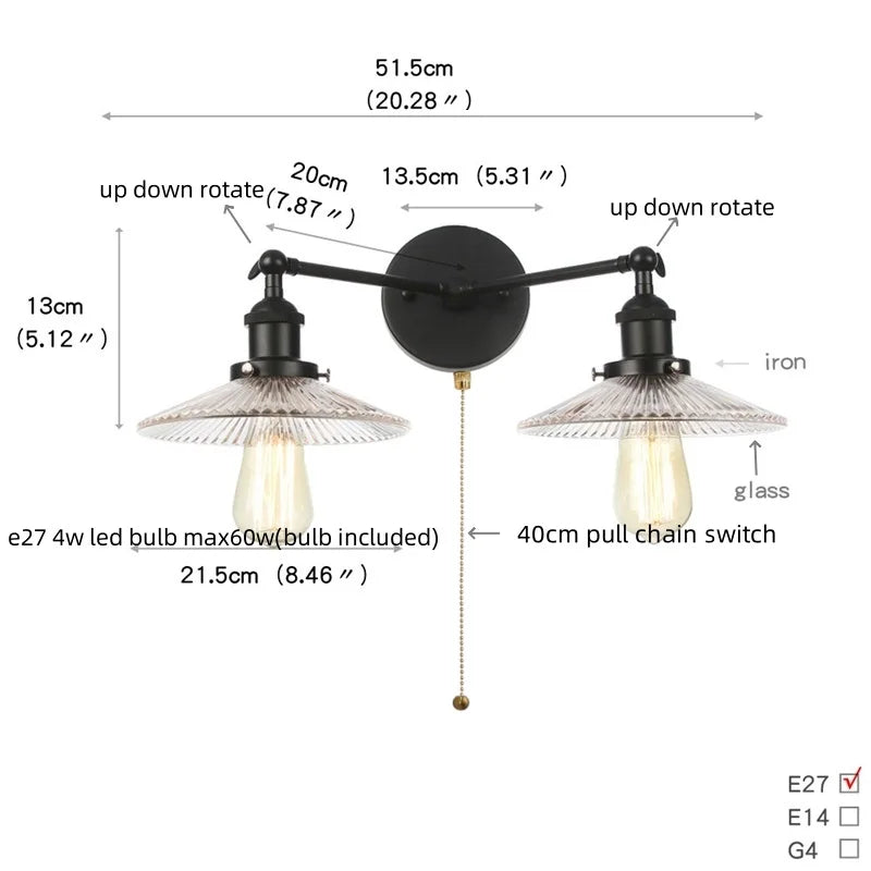 Afralia™ Industrial LED Wall Light Fixture with Glass Pull Chain Switch - 2 Heads