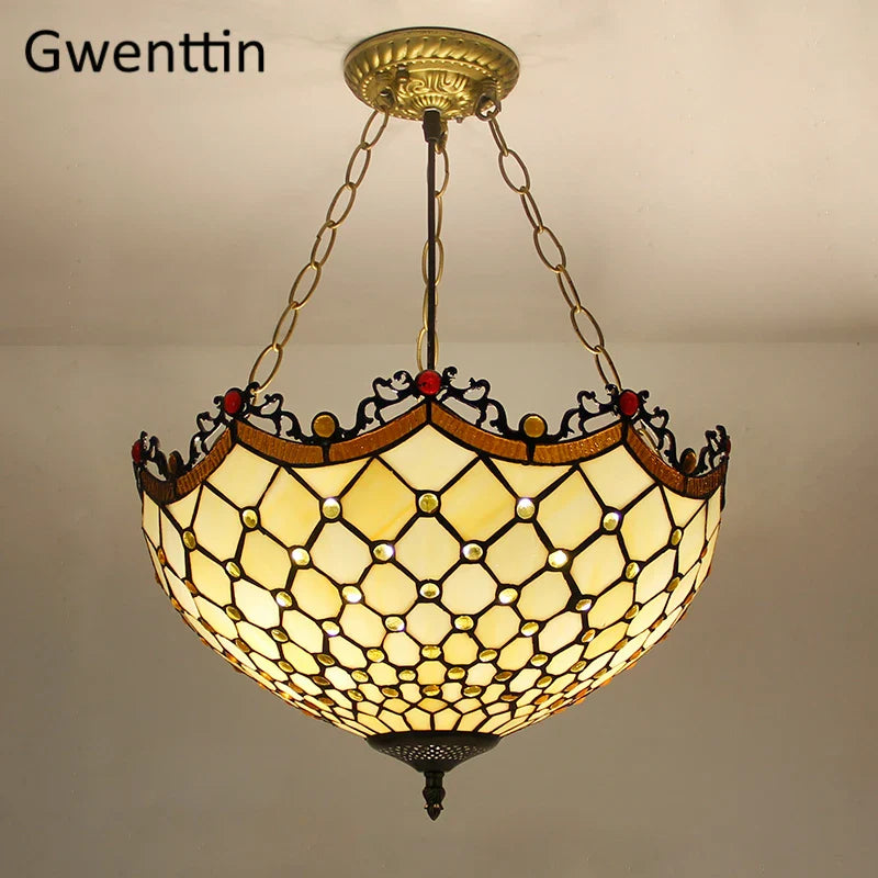 Afralia™ Tiffany Stained Glass Pendant Light Chandelier LED Fixture for Home Deco