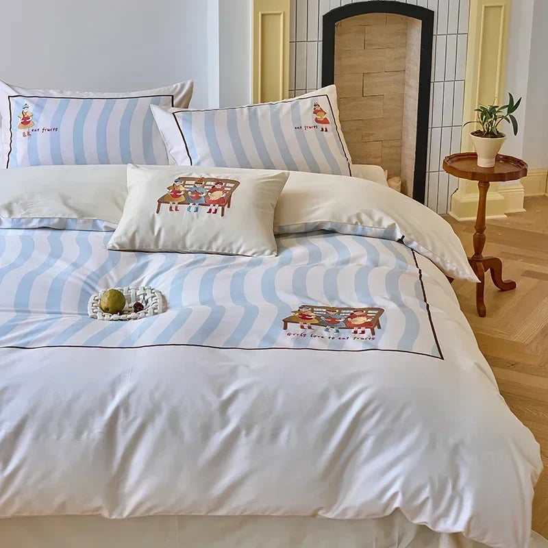 Afralia™ Embroidered Queen Bedding Set: High-Quality 100% Cotton Duvet Cover with Sheet & Pillowcases