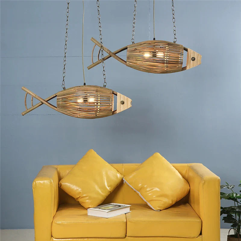 Afralia™ Retro Bamboo Fish Pendant Lights for Restaurant, Bar, Teahouse, Living Room, Farm, Hotel